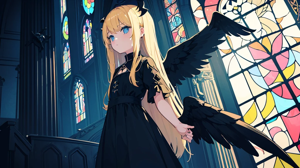 (1 girl, blonde hair, black sundress, black wings, kawaii), (church, cross, shining blue stained glass), (low contrast, flat color, limited palette)