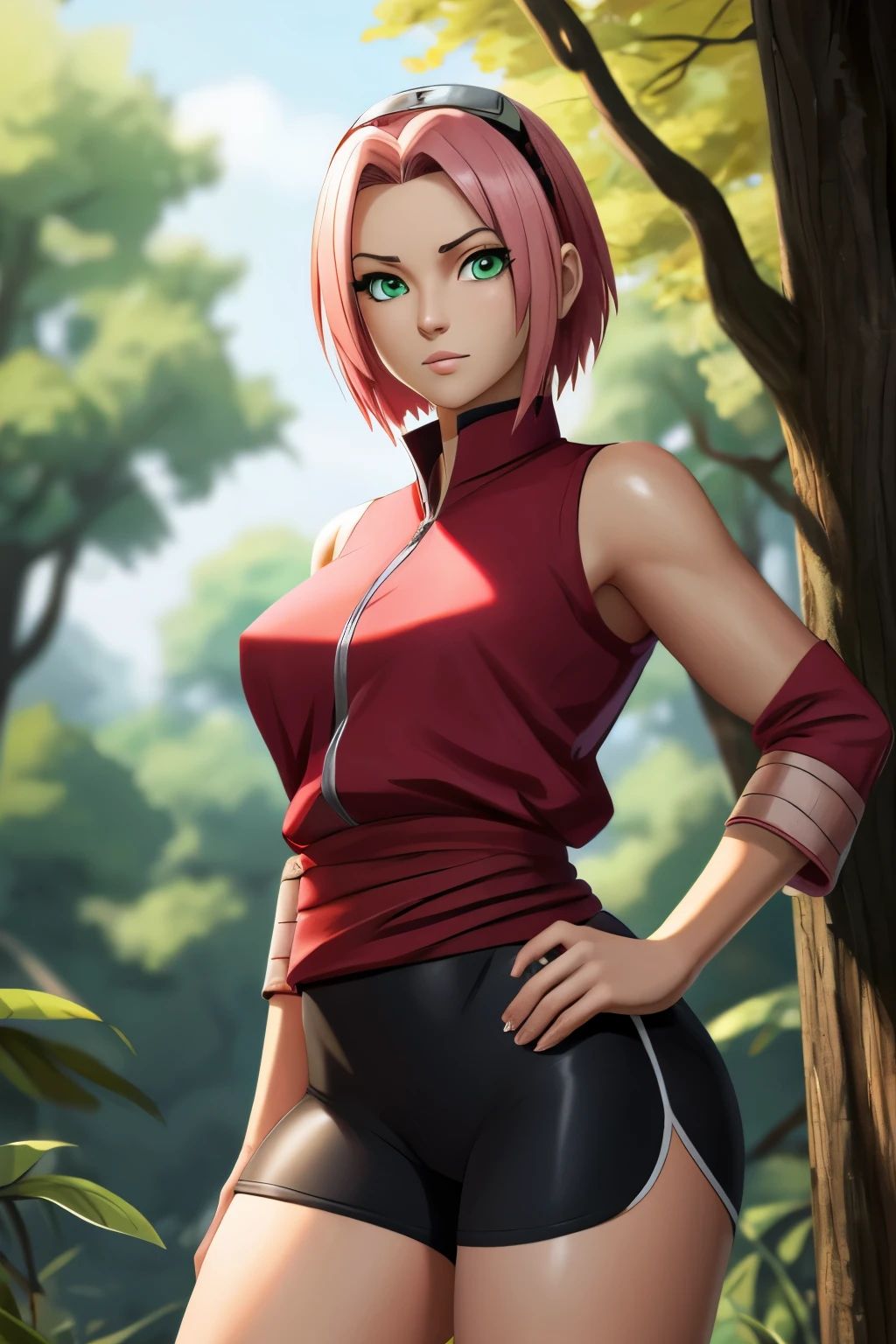 ((ultra quality)), ((masterpiece)), haruno sakuro, naruto, ((pink short hair)), (beautiful cute face), (beautiful female lips), charming, ((sexy facial expression)), looks at the camera, eyes slightly open, (skin color white), (blue skin), glare on the body, ((detailed beautiful female eyes)), ((green eyes)), (juicy female lips), (black eyeliner), (beautiful female hands), ((ideal female figure)), ideal female body, beautiful waist, gorgeous thighs, beautiful small breasts, ((subtle and beautiful)), stands temptingly (), (sakura haruno clothing, black tight shorts leggings, Hidden Leaf Village shinobi clothing) background: hidden leaf village, naruto shippuden, ((depth of field)), ((high quality clear image)), (clear details), ((high detail)), realistically, professional photo session, ((clear focus)), anime