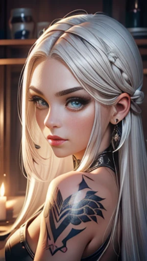 ((work of art)), ((best quality)), ((slightly above):1.6), (full average shot): 1.0).a woman, 26 years old, ((platinum_hair)), white, silver hair, long hair, with braids, dreadlocks, platinum eyebrows, ((platinum_hair):1.0), beautiful girl, ((perfect_face)), perfect facial proportions, suitable eye size, suitable nose shape, light_Green_eyes, fair skin, complexion pale, ((perfect_face):1.2), (perfect body: 1.0), tribal tattoo on the body.  --ar: 0.4