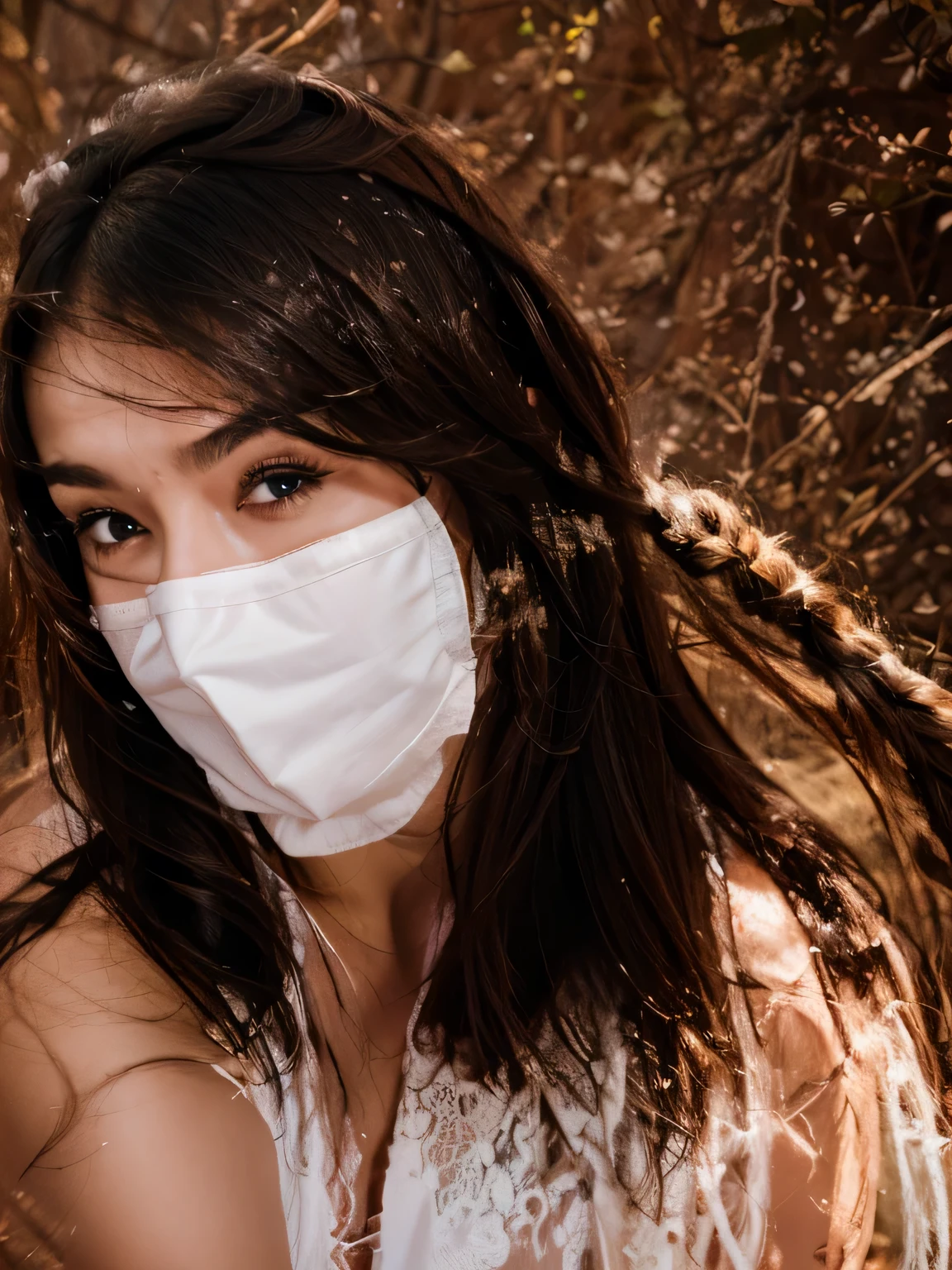 NSFW, Babe, beautiful detailed eyes, white face mask worn over lower face below nose, dominant pose, red crop top, submissive expression, soft rope, erotic atmosphere.
(best quality,4k, highres, masterpiece: ultra-detailed,realistic