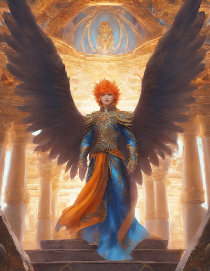 Grown man, orange hair, blue eyes, looks into the frame, very detailed large wings, boy, inside a temple with columns, super detailed background, shades of gold, Sun, sunlight, boy в одежде хлопок, full length, The position is straight, boy мило улыбается, high definition, HD, sharp lines, divinity, very detailed wings
