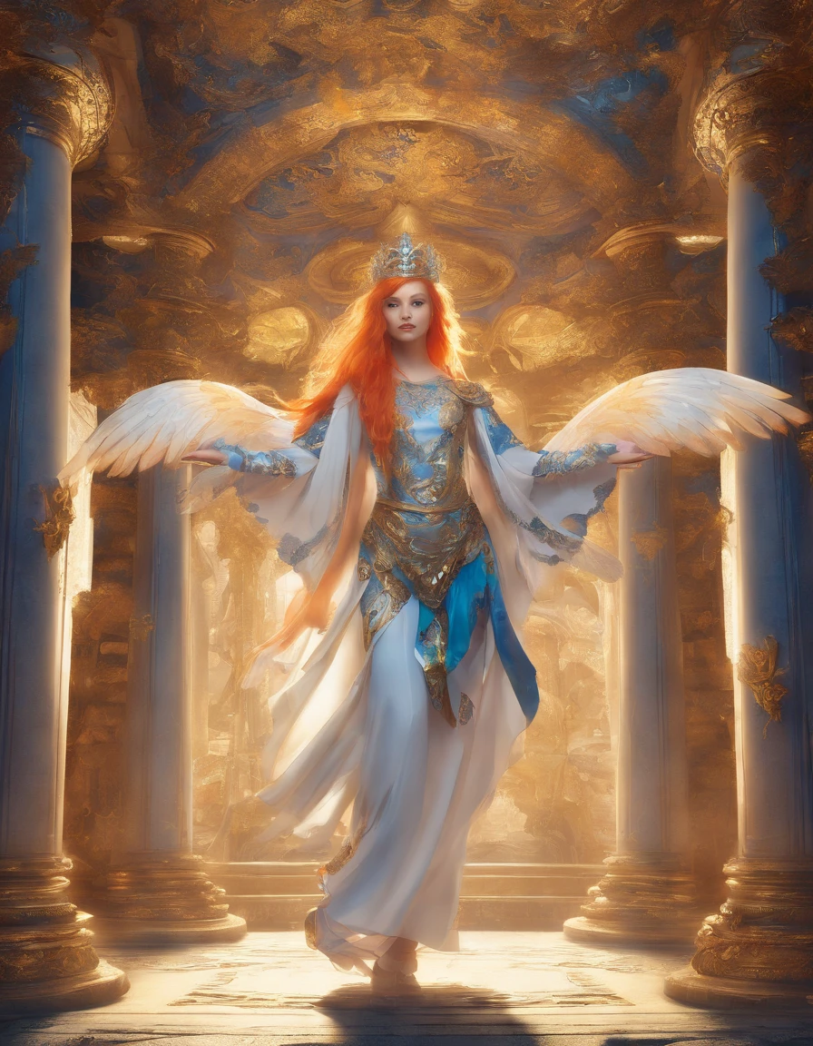 Grown man, orange hair, blue eyes, looks into the frame, very detailed large wings, boy, inside a temple with columns, super detailed background, shades of gold, Sun, sunlight, boy в одежде хлопок, full length, The position is straight, boy мило улыбается, high definition, HD, sharp lines, divinity, very detailed wings
