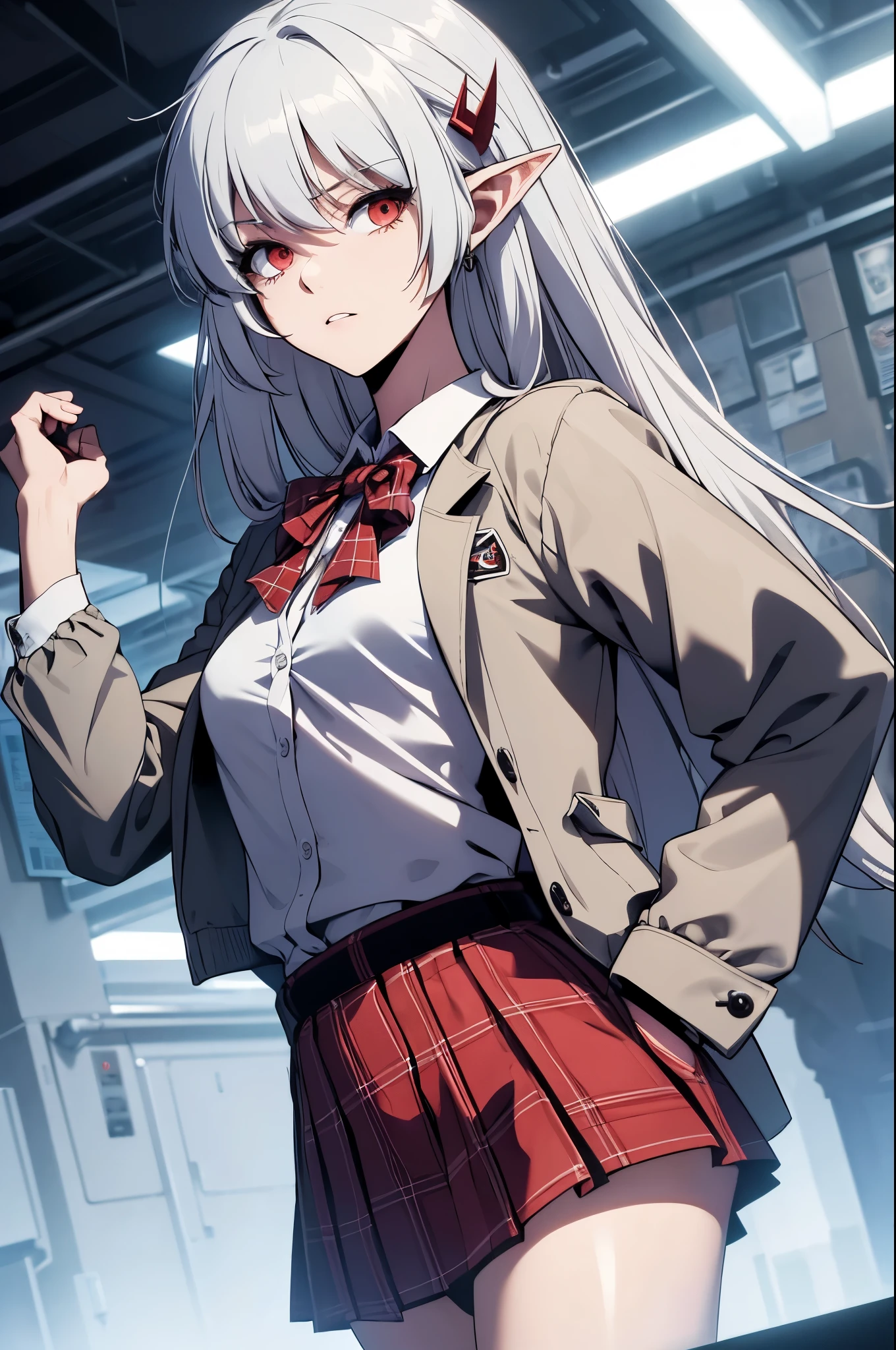 alice,vampire,grey hair, long hair, red eyes, pointy ears, small breasts, hair clip, x hair ornament, skirt, bow, school uniform, jacket, plaid, plaid skirt, sweater vest, shirt, white shirt, collared shirt, (masterpiece:1.2), best quality, high resolution, unity 8k wallpaper, (illustration:0.8), perfect lighting, extremely detailed CG, (perfect anatomy)