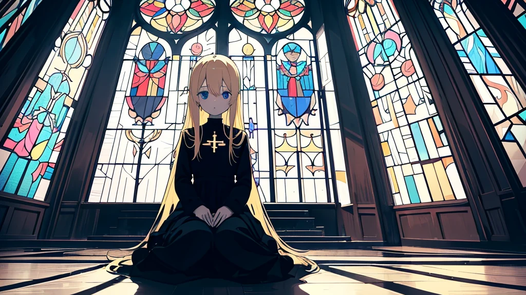 (1 girl, blonde hair, black sundress, black wings, kawaii), (church, cross, shining blue stained glass), (low contrast, flat color, limited palette)