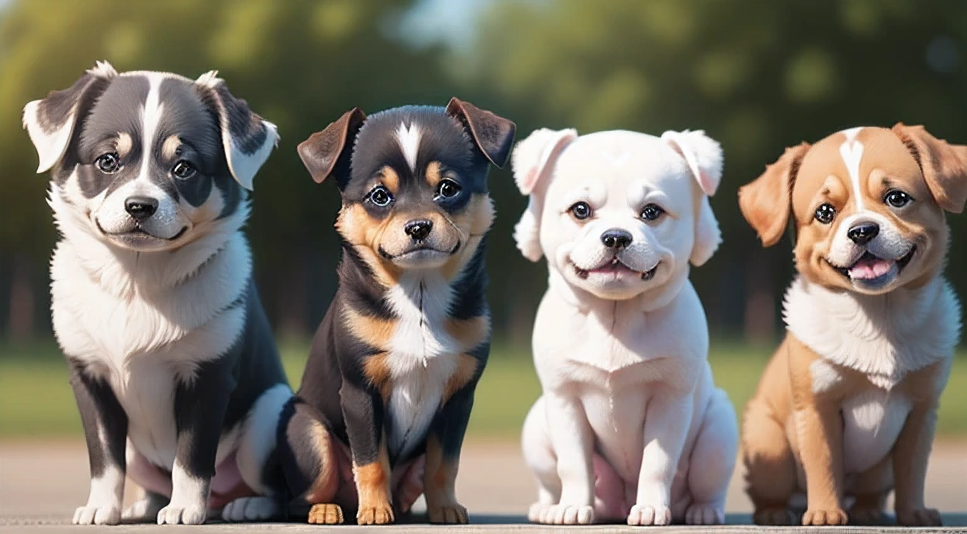 A group of realistic cute dogs looking at the camera, full body standing,