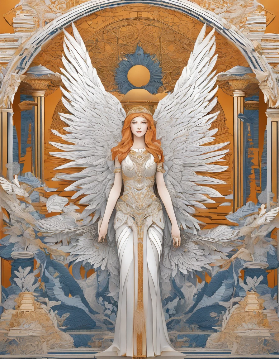 Grown man, orange hair, blue eyes, looks into the frame, very detailed large wings, boy, inside a temple with columns, super detailed background, shades of gold, Sun, sunlight, boy в одежде хлопок, full length, The position is straight, boy мило улыбается, high definition, HD, sharp lines, divinity, very detailed wings