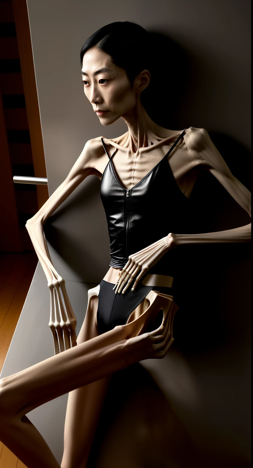 extremely thin man，fair skin，The body  very thin，Rib chest，Protruding sternum，The sternum  obvious，Waist  very thin，The ribs are noticeable，Protruding ribs，The pelvic protrusion  very obvious，Pelvis clear，Hip bones are obviously prominent，thin shoulde，Waist  very thin，Sunken abdomen，Abdominal muscle atrophy，hunger，Delicate arms，arm muscle atrophy，slender thighs，Short hair details，Wear a one-piece leather jacket，asian face，Haggard expression，Excessive weight loss，Skinny as a skeleton，sunken face，Severe malnutrition，Incompetent men