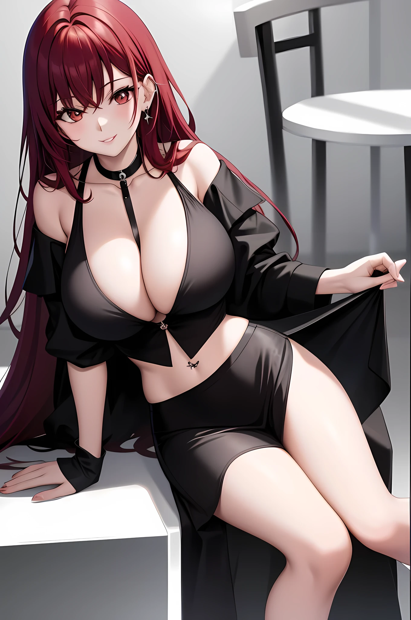 (Best picture quality, Masterpiece:1.2), Absolute resolution, High quality, One Woman, BREAK, (Black with long red hair:1. 1), Brown eyes, Normal size bust, BREAK, One Woman, Bust, Single, Cleavage, Gaze, Huge size bust, Smile, Crop top, Piercing, Parted lips, Mid-line jewel, Lips, Navel, White Underwear, Bare Shoulders, Sitting, Bangs, Leaning Forward, Collarbone, Slightly Exposed