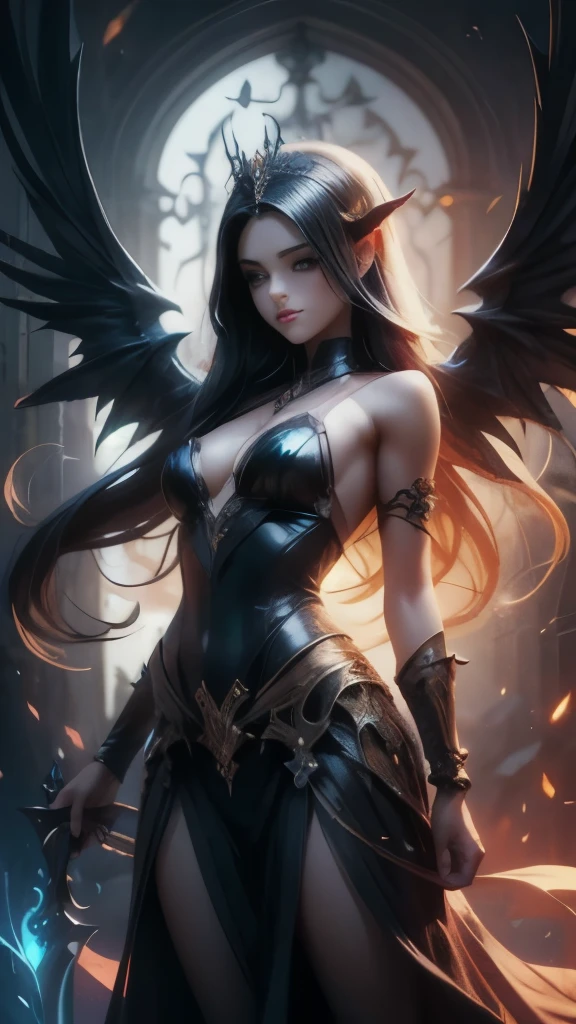 (Obra de arte), (altamente qualidade), (altamente detalhado), fechar-se, uma mulher com chifres e uma espada em frente a uma fogueira, arte sexy em estilo de fantasia sombria, detalhada fantasia arte sexy, demon anime girl, Vilania tem asas de anjo escuro, Epic and sexy HD fantasy art style, arte de fantasia sombria, sexy angel knight gothic girl, epic fantasy art style, por Yang J, Raven-winged female vampire, cute succubus, beautiful and elegant demon queen, arte de fantasia anime
