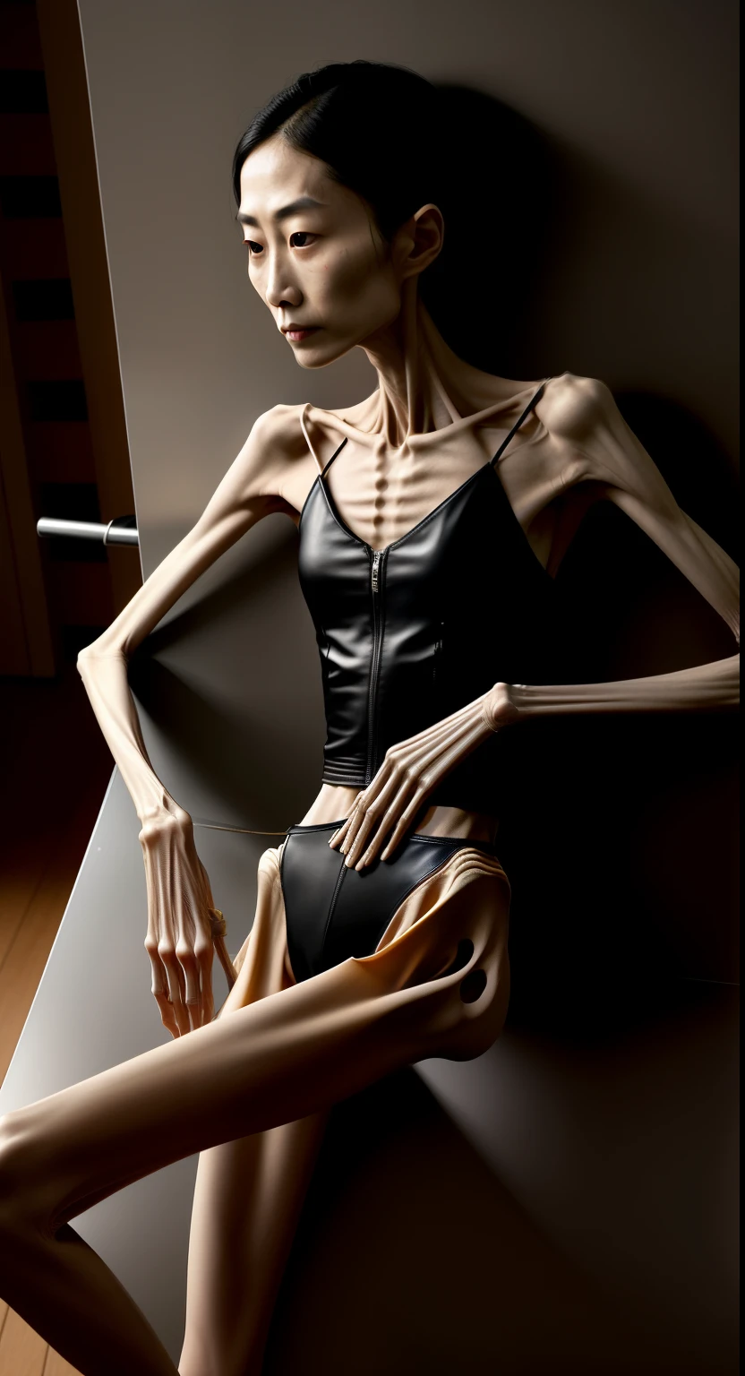 extremely thin man，fair skin，The body  very thin，Rib chest，Protruding sternum，The sternum  obvious，Waist  very thin，The ribs are noticeable，Protruding ribs，The pelvic protrusion  very obvious，Pelvis clear，Hip bones are obviously prominent，thin shoulde，Waist  very thin，Sunken abdomen，Abdominal muscle atrophy，hunger，Delicate arms，arm muscle atrophy，slender thighs，Short hair details，Wear a one-piece leather jacket，asian face，Haggard expression，Excessive weight losody reduced to skin and bones，sunken face，Severe malnutrition，Incompetent men