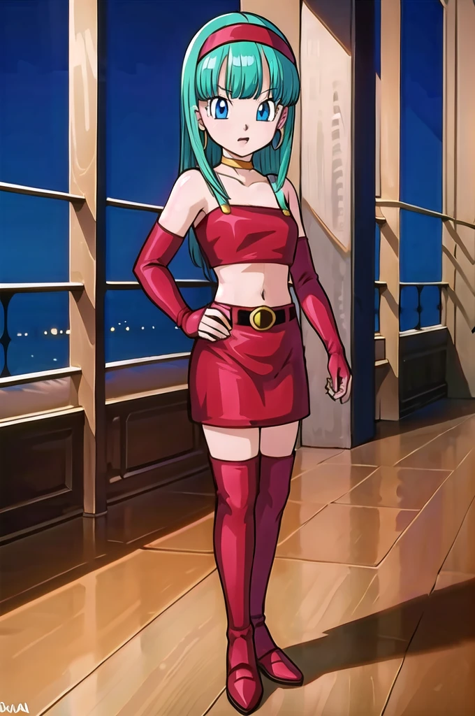 masterpiece, 1 girl, solo, bulla, aqua hair, blue eyes, red hairband, hoop earrings, gold choker, bare shoulders, red leather crop top, midriff, belt, red elbow gloves, red leather skirt, red thigh boots, being seductive, standing up, balcony, daylight, high quality, masterpiece 