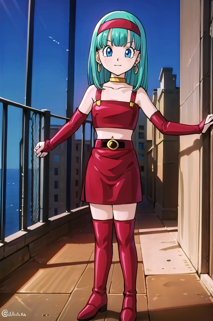 masterpiece, 1 girl, solo, bulla, aqua hair, blue eyes, red hairband, hoop earrings, gold choker, bare shoulders, red leather crop top, midriff, belt, red elbow gloves, red leather skirt, red thigh boots, being seductive, standing up, balcony, daylight, high quality, masterpiece 