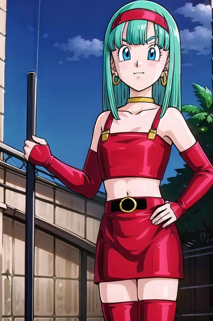 masterpiece, 1 girl, solo, bulla, aqua hair, blue eyes, red hairband, hoop earrings, gold choker, bare shoulders, red leather crop top, midriff, belt, red elbow gloves, red leather skirt, red thigh boots, being seductive, standing up, balcony, daylight, high quality, masterpiece 