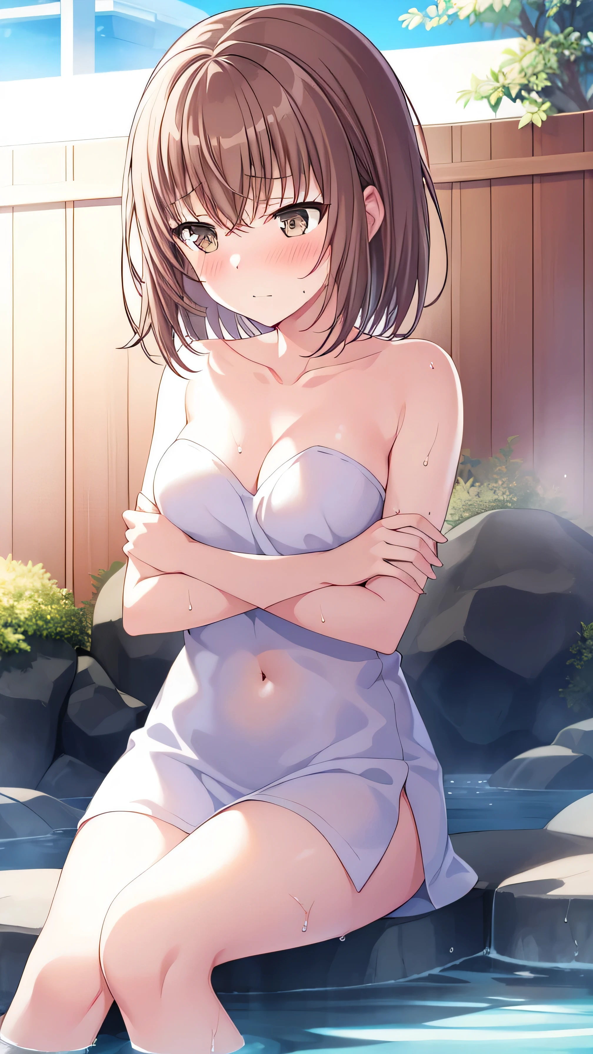 1 girl, alone, breast, navel, Brown_hair, sitting, blush, short_hair, cover, nude, watching_leave, arrivewel, cover_breast, hot spring, Bangs, Awkward, closure_Mouth, clavicle, Brown_Eye, soak_foot, water, watching_arrive_this_side, Outdoor activities, Moderate_breast, kaarriveu_benefit, split, fence, cross_arms, Complete land_nude, steam, 