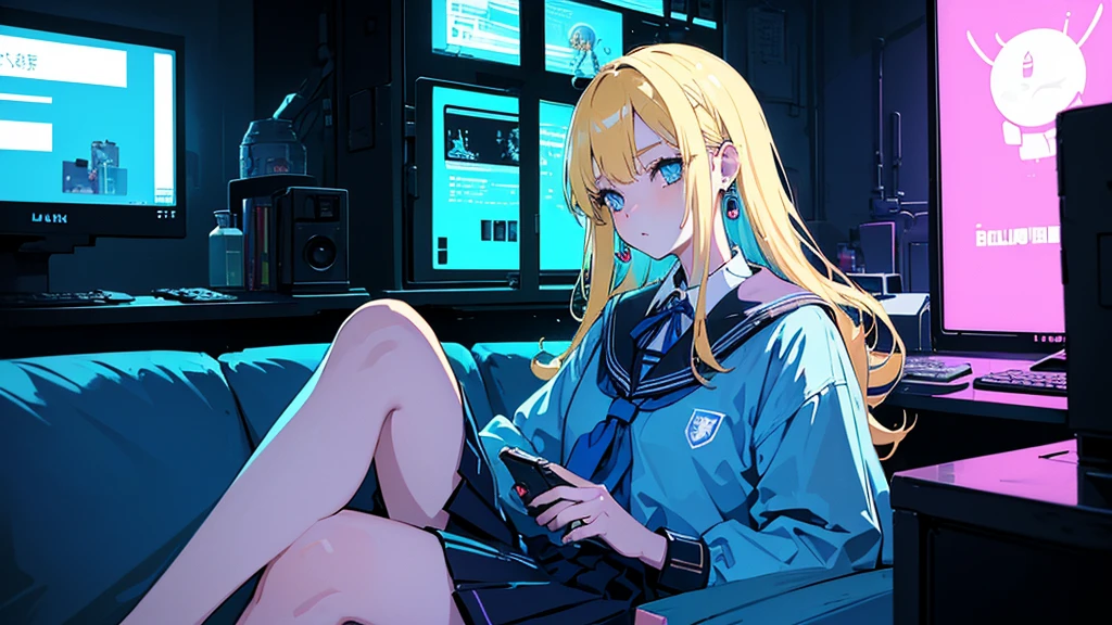 (1 girl, blonde hair, blue eyes, slovenly school uniform, lots of earrings, sitting on the sofa, kawaii), (blue cyberpunk, old cyberpunk building, room with many monitors, blue neon), (low contrast, flat color, limited palette)
