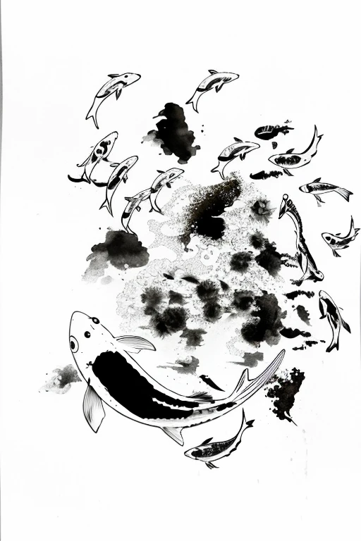 There a picture of a fish and some fish in the water, ink style, on ink painting , detailed Ink painting illustration, detailed Sumeru-e illustration, Ink illustration, Chinese brush illustration, Inspired by Ryohei Koiso, black Ink illustration, Ink painting, Sumeru-e, Sumeru-e style