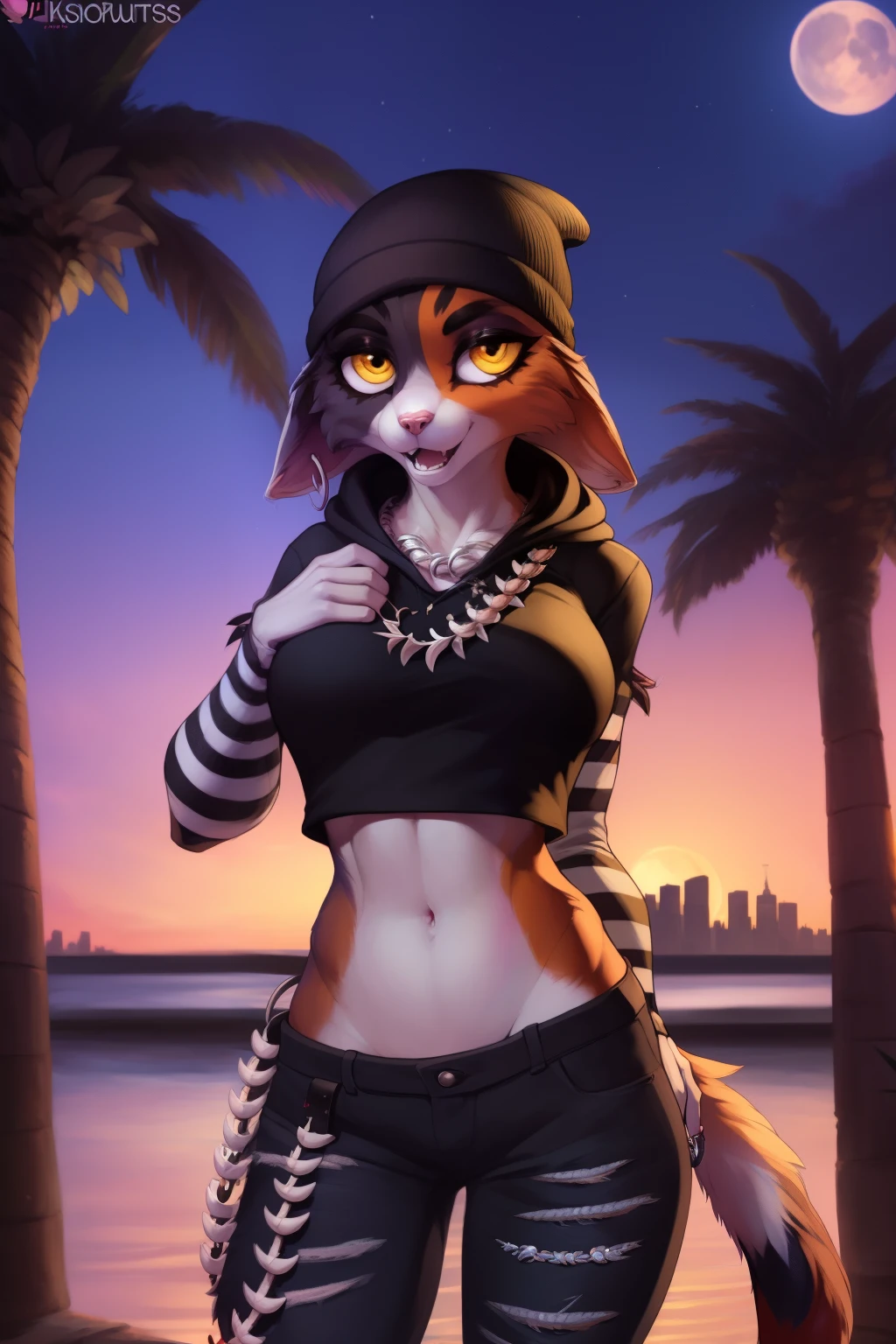 uploaded on e621, explicit content, 3d, (bastika, cutesexyrobutts, hioshiru), female, solo, solo, (shaded face:1.2), furry female anthro meowskulls, (pinknose:1.3), standing, hands in pocket, (tail:1.1) smile, looking at viewer, open mouth, bandolier, necklace, wallet chain, wide-eyed, beanie, black hoodie, striped sleeves, black jeans, fish hook piercing,  city setting, , midnight, bright moon (large breasts, natural breasts, breast sag:0.9), standing, navel, wide hips, yellow panties, cara on background, palm tree, yellow eyes, 