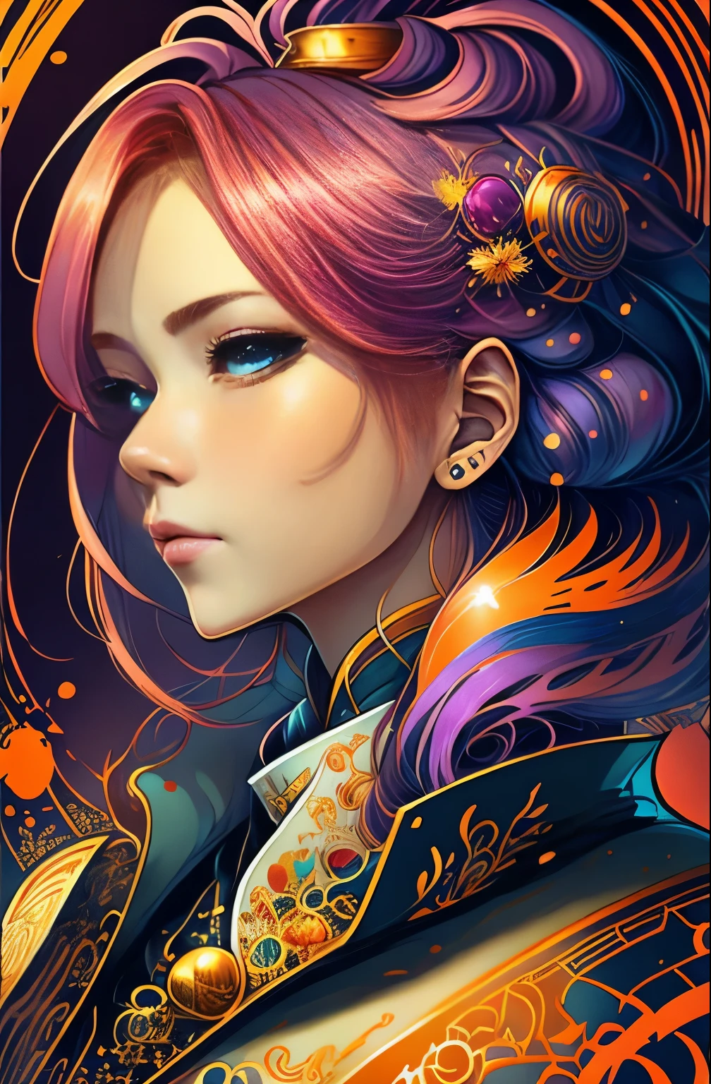 Close-up of a woman with magenta and orange hair, digital illustration style, 鮮やかな漫画art, art：Alessandro Pautasso, マーティン・アンシンのartワークの肖像画, amazing digital illustrations, Killian Eng&#39;s vibrant colors, 素晴らしいデジタルart, swallowed, exquisite digital illustration, ファンタジーポップart, artgerm colorful!!!, just a joke, 美しいデジタルartワーク, ポップart, abstract paintings