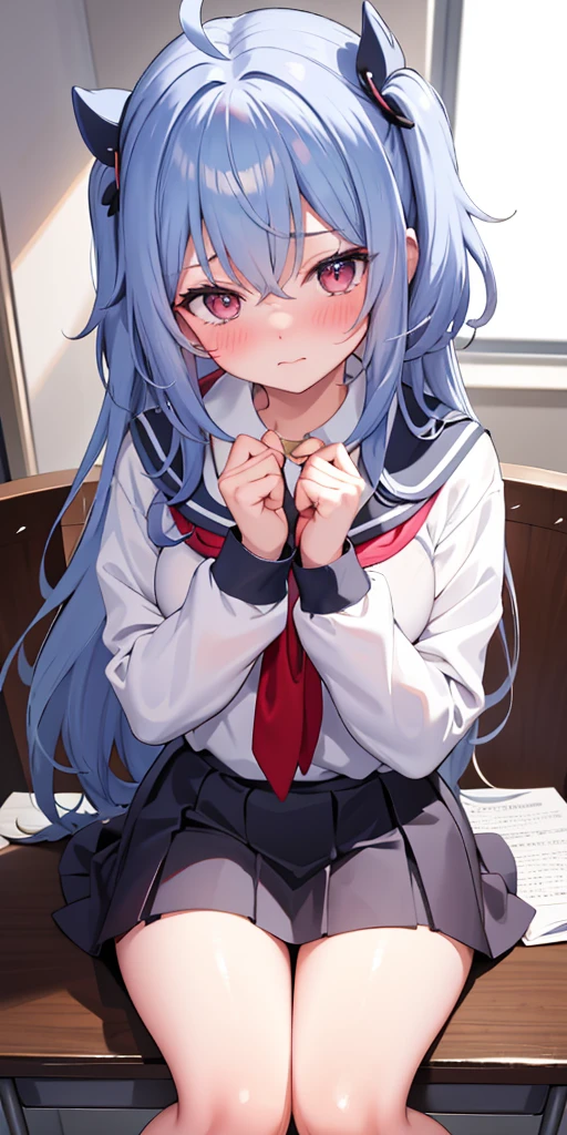 Look at the camera (blushing) and put the confession letter in front of your mouth (at school)