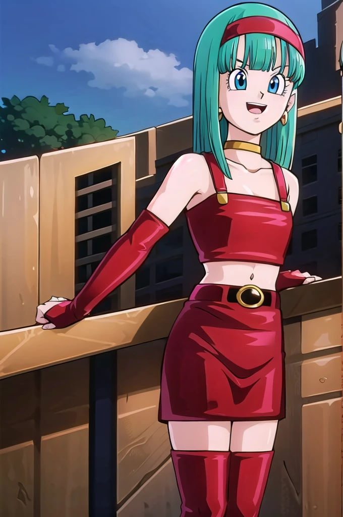 1 girl, solo, bulla, aqua hair, blue eyes, red hairband, hoop earrings, gold choker, bare shoulders, red leather crop top, midriff, belt, red elbow gloves, red leather skirt, red thigh boots, being seductive, standing up, balcony, daylight, high quality, masterpiece, close up, happy 