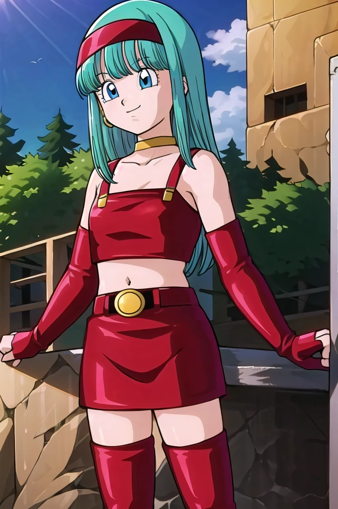 1 girl, solo, bulla, aqua hair, blue eyes, red hairband, hoop earrings, gold choker, bare shoulders, red leather crop top, midriff, belt, red elbow gloves, red leather skirt, red thigh boots, being seductive, standing up, balcony, daylight, high quality, masterpiece, close up, happy 