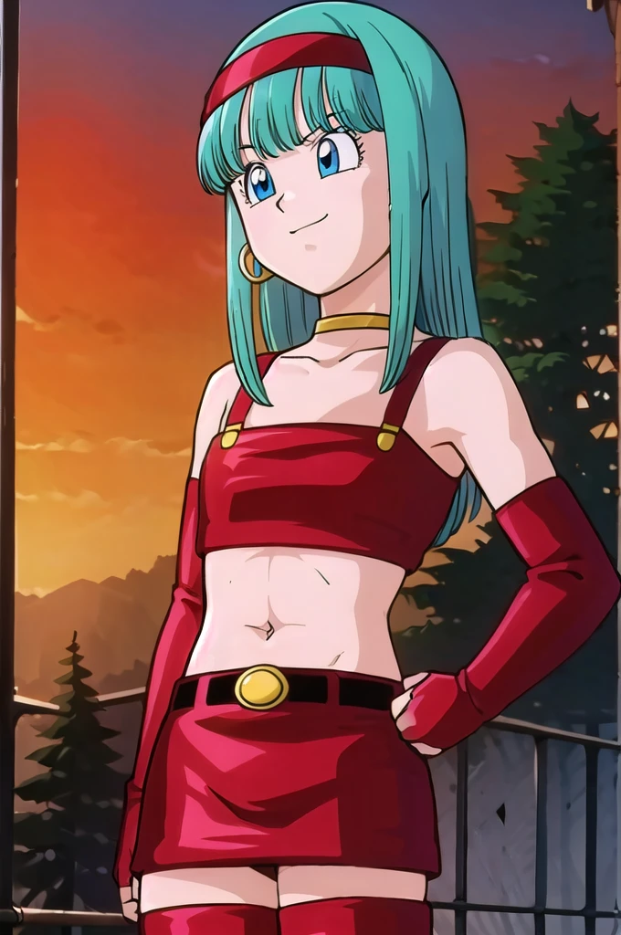 1 girl, solo, bulla, aqua hair, blue eyes, red hairband, hoop earrings, gold choker, bare shoulders, red leather crop top, midriff, belt, red elbow gloves, red leather skirt, red thigh boots, being seductive, standing up, balcony, daylight, high quality, masterpiece, close up, happy 