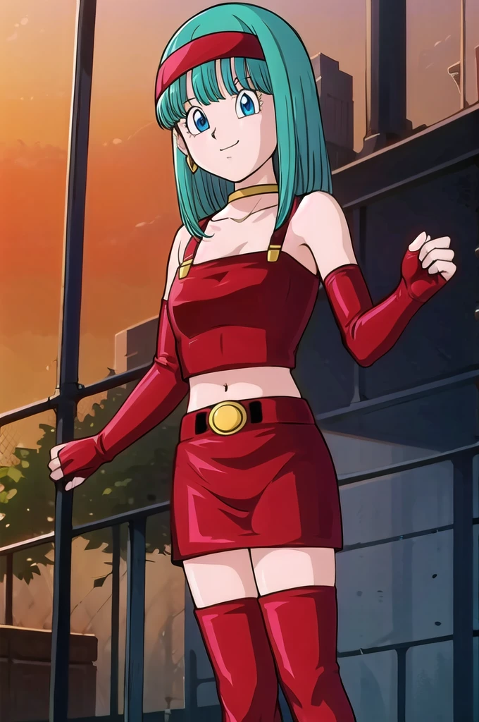 1 girl, solo, bulla, aqua hair, blue eyes, red hairband, hoop earrings, gold choker, bare shoulders, red leather crop top, midriff, belt, red elbow gloves, red leather skirt, red thigh boots, being seductive, standing up, balcony, daylight, high quality, masterpiece, close up, happy 