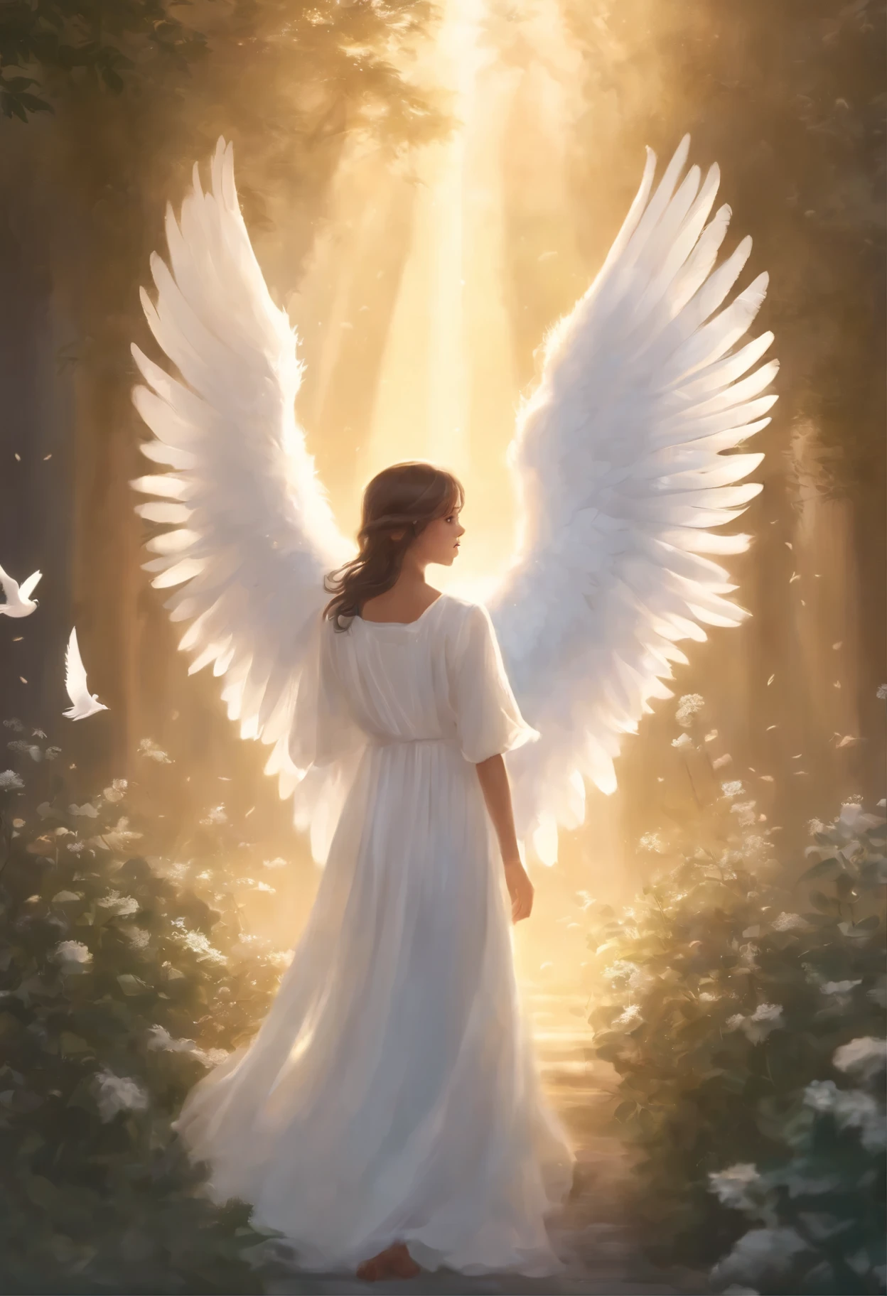 Anime style, makoto shinkai, 8kk class portrait, portrait of a girl named Agatha, with a baby in your hand, Painting of a woman with wings in a white dress holding a white dove in her hands., an angelic light, an an angel of the dawn light, ethereal an angelic being of light, beautiful an angel, an angel spirit guide, of beautiful an angel, an angel protecting woman, an angelical, portrait of a beautiful an angel, an angel, beautiful female an angel, glowing an angelic being, an angelic, of an beautiful an angel girl, girl with an angel wings