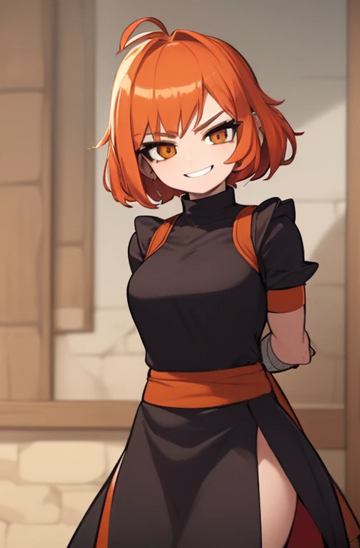 (Obra maestra) , (la mejor calidad) , manos bien detalladas, Imagen 4k,HD,, anime style of a girl with short spiky orange hair in medieval battle costume is muscular and her arms are wrapped in bandage and she has a sadistic smile