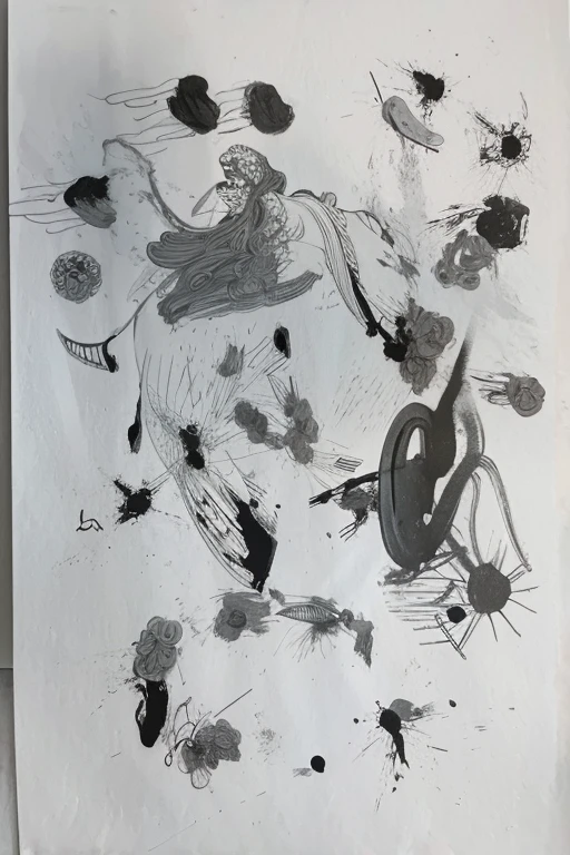 There&#39;s a heavily ink drawing of a cyclist., on ink painting , ink , some ink dripping, black ink white , Inspired by Sigmar Polke, tiny charcoal smudges, ink under drawing, ink stain, black and white ink , black ink 