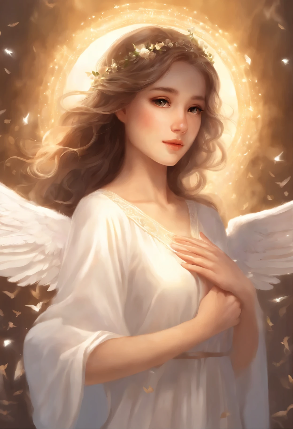 Anime style, makoto shinkai, 8kk class portrait, portrait of a girl named Agatha, with a baby in your hand, Painting of a woman with wings in a white dress holding a white dove in her hands., an angelic light, an an angel of the dawn light, ethereal an angelic being of light, beautiful an angel, an angel spirit guide, of beautiful an angel, an angel protecting woman, an angelical, portrait of a beautiful an angel, an angel, beautiful female an angel, glowing an angelic being, an angelic, of an beautiful an angel girl, girl with an angel wings