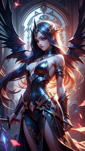 (Obra de arte), (altamente qualidade), (altamente detalhado), fechar-se, uma mulher com chifres e uma espada em frente a uma fogueira, arte sexy em estilo de fantasia sombria, detalhada fantasia arte sexy, demon anime girl, Vilania tem asas de anjo escuro, Epic and sexy HD fantasy art style, arte de fantasia sombria, sexy angel knight gothic girl, epic fantasy art style, por Yang J, Raven-winged female vampire, cute succubus, beautiful and elegant demon queen, arte de fantasia anime