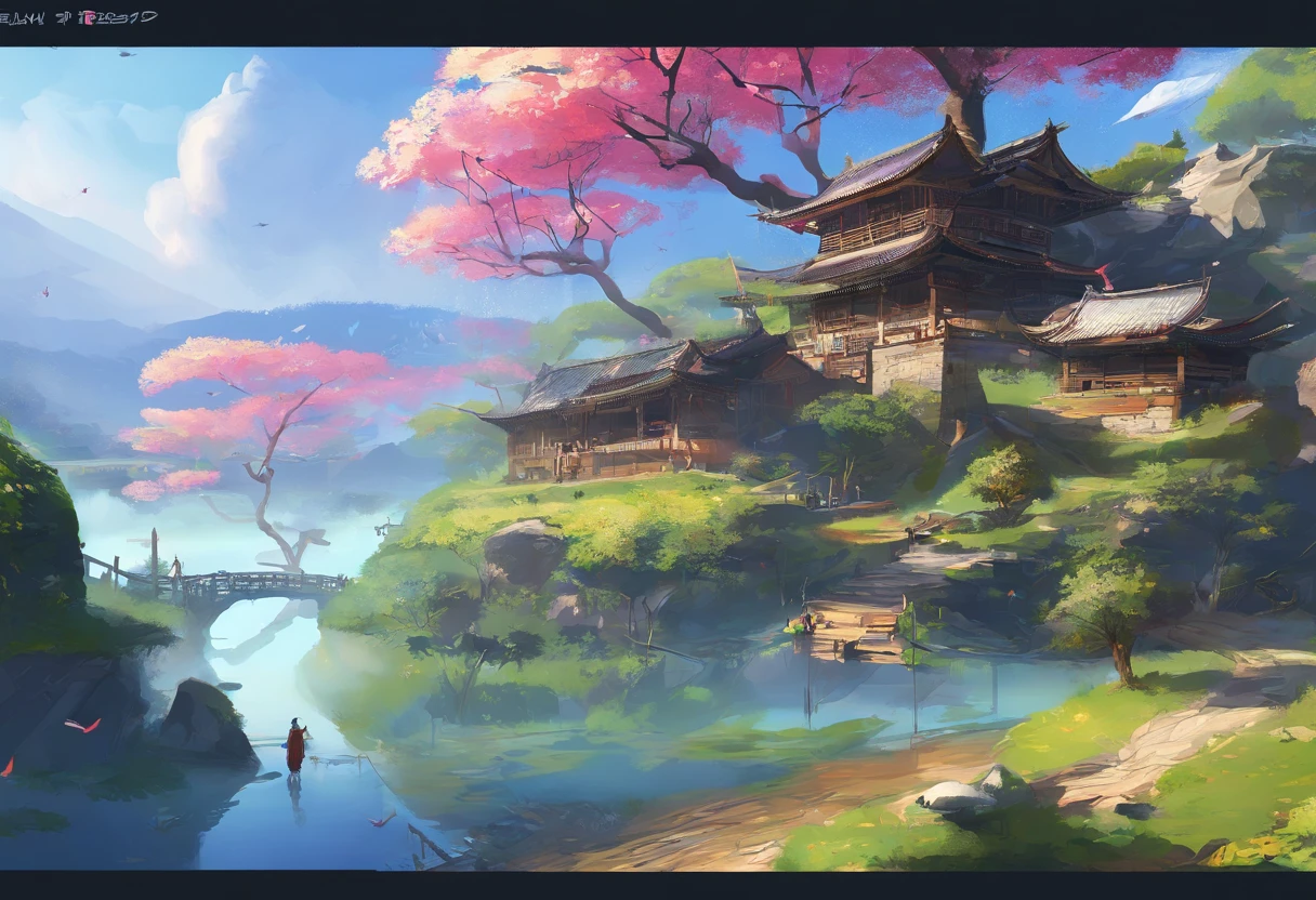 ((after the rain 하늘에 무지개가 나타납니다)),Baekun, after the rain, calm lake, inverted image, outline of a tree, birds are flying, newly, magical, beautiful natural scenery