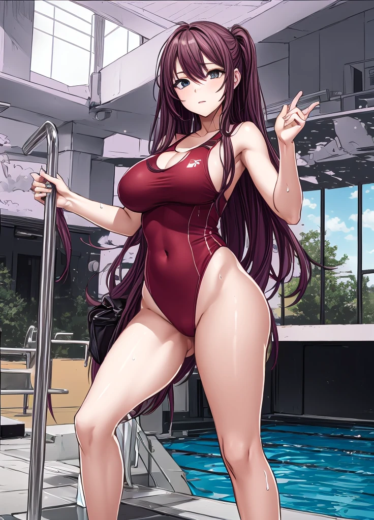 A beautiful woman with long hair, big breasts, and beautiful legs is standing by the indoor pool in a red competitive swimsuit with her legs spread.。