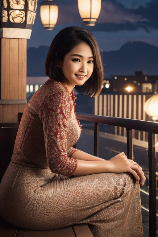 (8k, best quality, masterpiece:1.2), (red_kebaya_bali), (realistic, photo-realistic:1.37), ultra-detailed, 1 girl, cute, solo, beautiful detailed sky, detailed cafe, night, sitting, dating, (nose blush), (smile:1.15), (closed mouth) big breasts, beautiful detailed eyes, (collared shirt:1.1), night, wet, business attire, rain, white lace, (short hair:1.2), floating hair NovaFrogStyle,