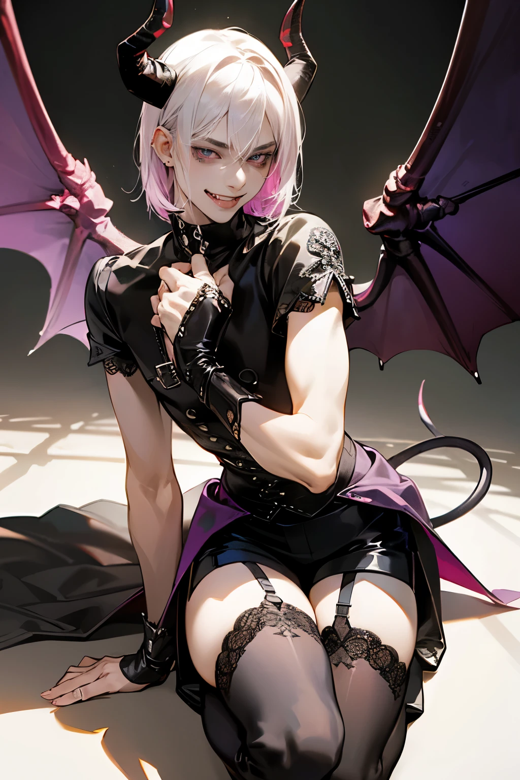 1boy, perfect male body, red purple eyes,delicate face, dynamicpose, (Evil smile, grin, tongue sticking out), masutepiece, High quality, Best Quality, ultra-detailliert, incubus, Short sliver hair, pink eyes, pale skin, black boots, Boy in Gothic costume,(piercingishnet stockings, gothic print, black leather garter belt, Multiple leather straps, Multiple iron chains mounted on a ring), Shorts, ((Devil Wings, Tail and horns)), Highly detailed fine art, Detailed Metal Jewelry, dramatic compositions, Cinematic lighting, Ray tracing, dramatic shadows