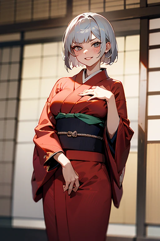 (masterpiece, best quality), nsfw,
1girl, standing,
BREAK 18 yo, short silver hair, beautiful detailed cutest eyes, eyeshadow, lips, gal, large breasts,
angry, smile, (blush:0.8),
BREAK ((red japanese_kimono)),
BREAK japanese style room