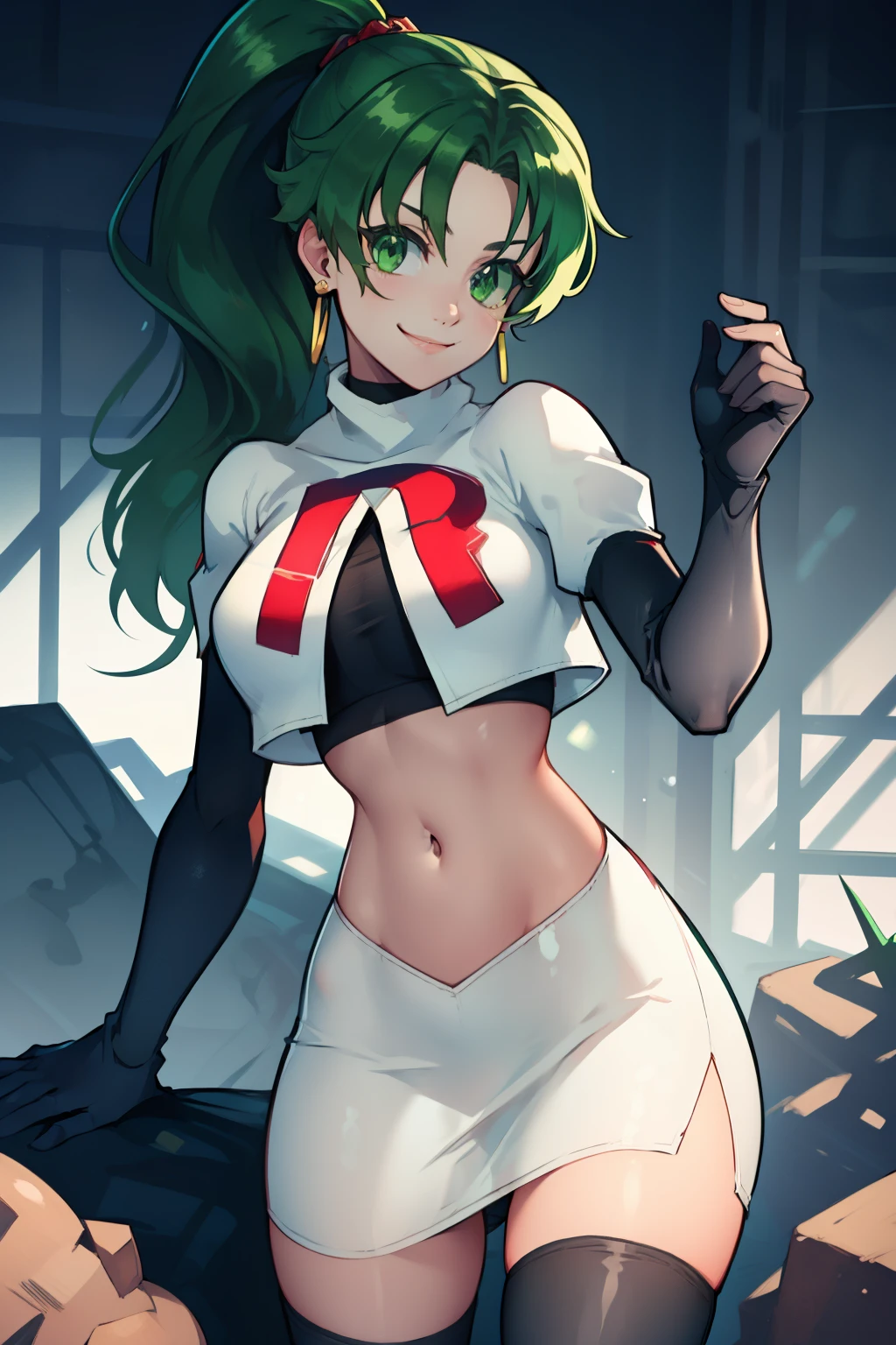 lyn, ponytail, green eyes, green hair, earrings ,team rocket uniform, red letter R, white skirt,white crop top,black thigh-high boots, black elbow gloves, evil smile, looking at viewer, cowboy shot, 