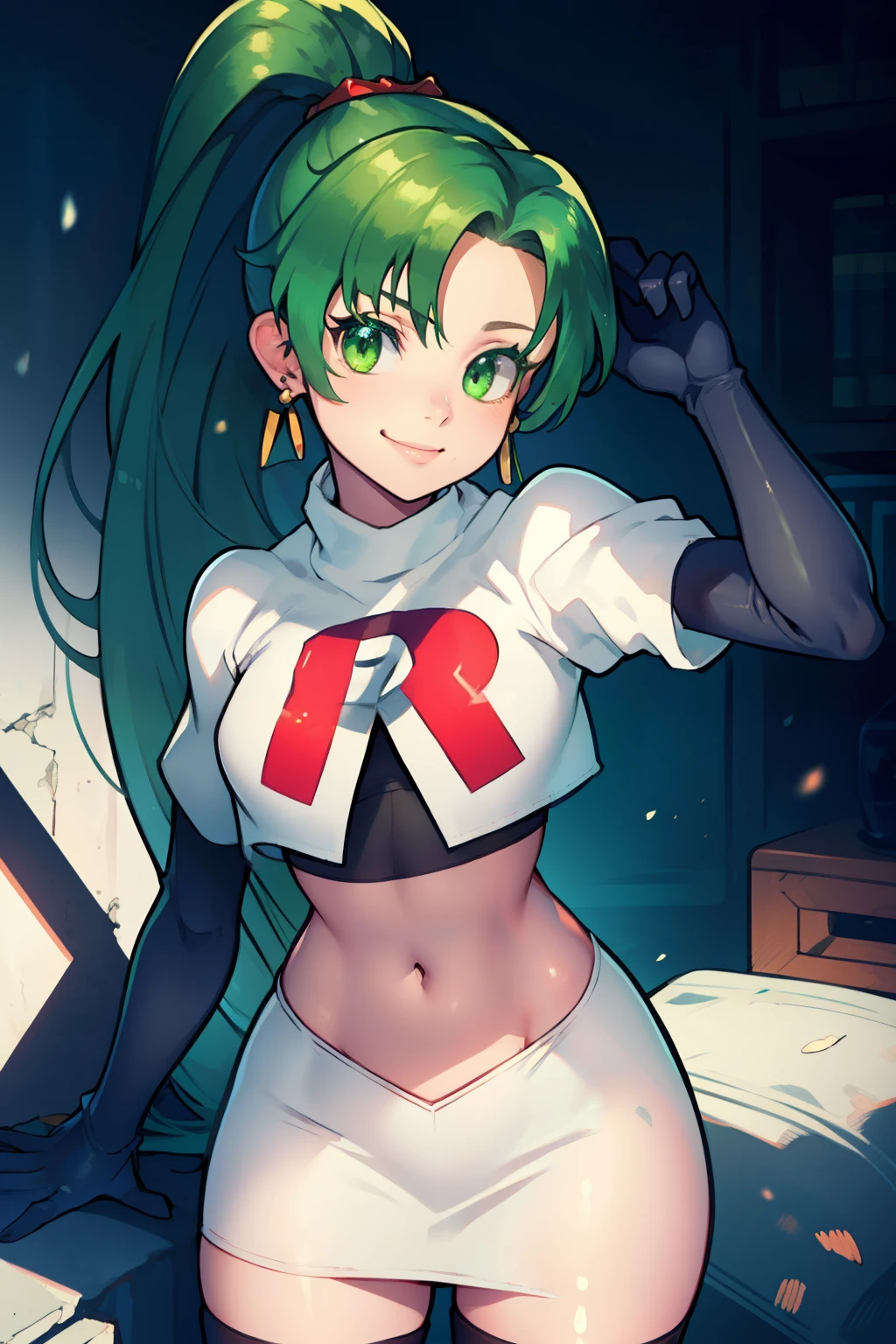 lyn, ponytail, green eyes, green hair, earrings ,team rocket uniform, red letter R, white skirt,white crop top,black thigh-high boots, black elbow gloves, evil smile, looking at viewer, cowboy shot,