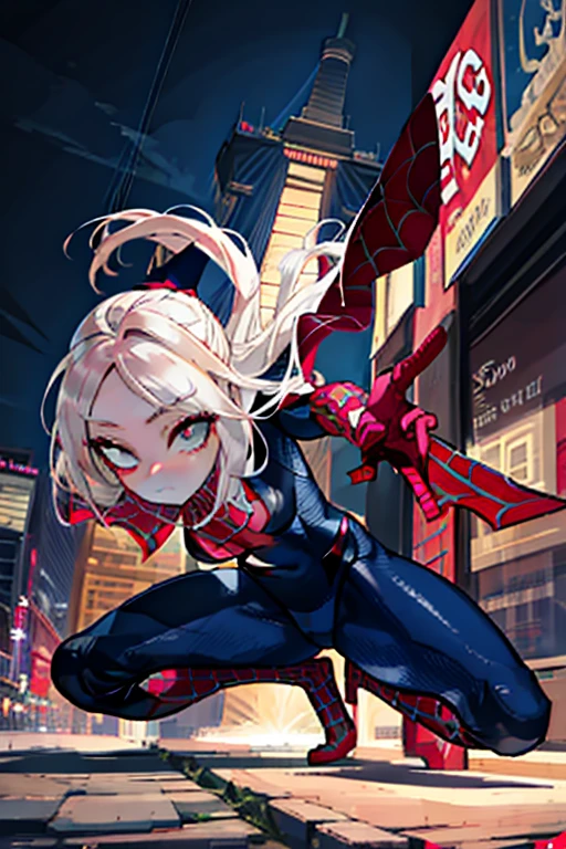 NSFW、High legsuits(muste piece, highest quality), intricate details, 8K, art station, wallpaper, official art, splash art, sharp focus, 1 girl, tifa lockhart, long hair, dark brown eyes, black hair, big breasts, Skins don't appear, Skintight Spiderman Suit, She is dressed in white, red, Spider-Man's suit with black theme、squat、I open my legs and feel itching、(camel toe)、High leg、Raw thighs、The cutting edge of Tokyo Skytree in the afternoon，mask off，