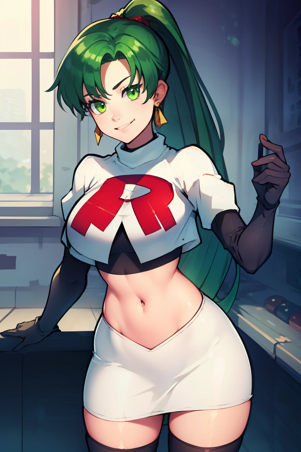 lyn, ponytail, green eyes, green hair, earrings ,team rocket uniform, red letter R, white skirt,white crop top,black thigh-high boots, black elbow gloves, evil smile, looking at viewer, cowboy shot, 