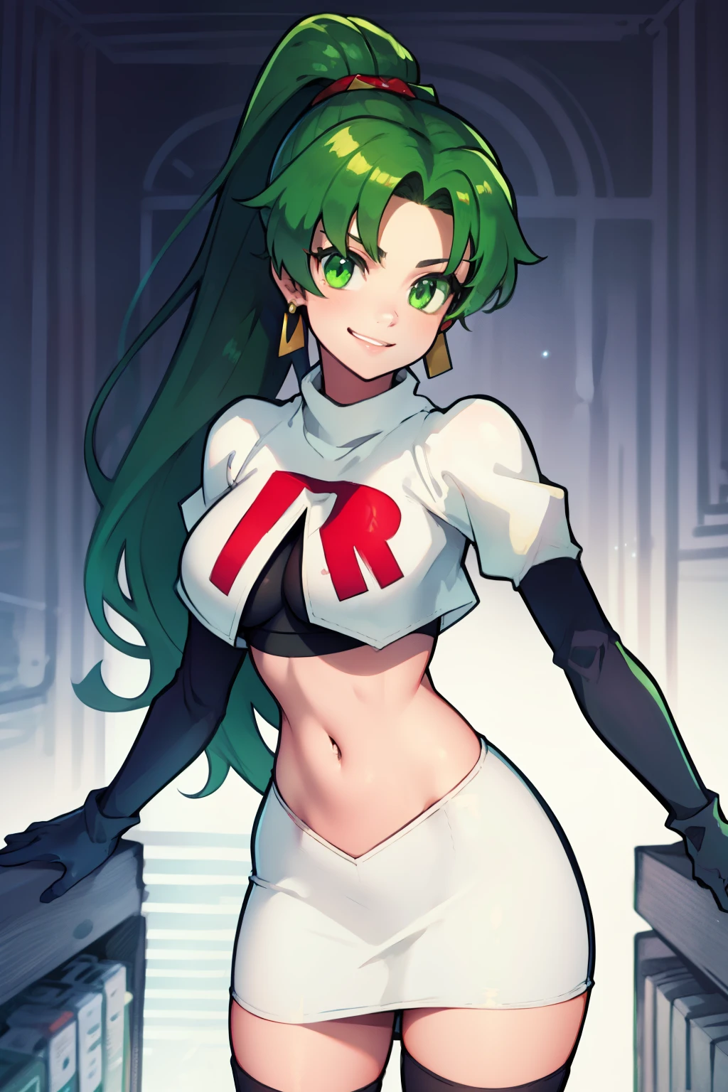 lyn, ponytail, green eyes, green hair, earrings ,team rocket uniform, red letter R, white skirt,white crop top,black thigh-high boots, black elbow gloves, evil smile, looking at viewer, cowboy shot, 