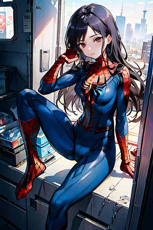 NSFW、High legsuits(muste piece, highest quality), intricate details, 8K, art station, wallpaper, official art, splash art, sharp focus, 1 girl, tifa lockhart, long hair, dark brown eyes, black hair, big breasts, Skins don't appear, Skintight Spiderman Suit, She is dressed in white, red, Spider-Man's suit with black theme、squat、I open my legs and feel itching、(camel toe)、High leg、Raw thighs、The cutting edge of Tokyo Skytree in the afternoon，mask off，