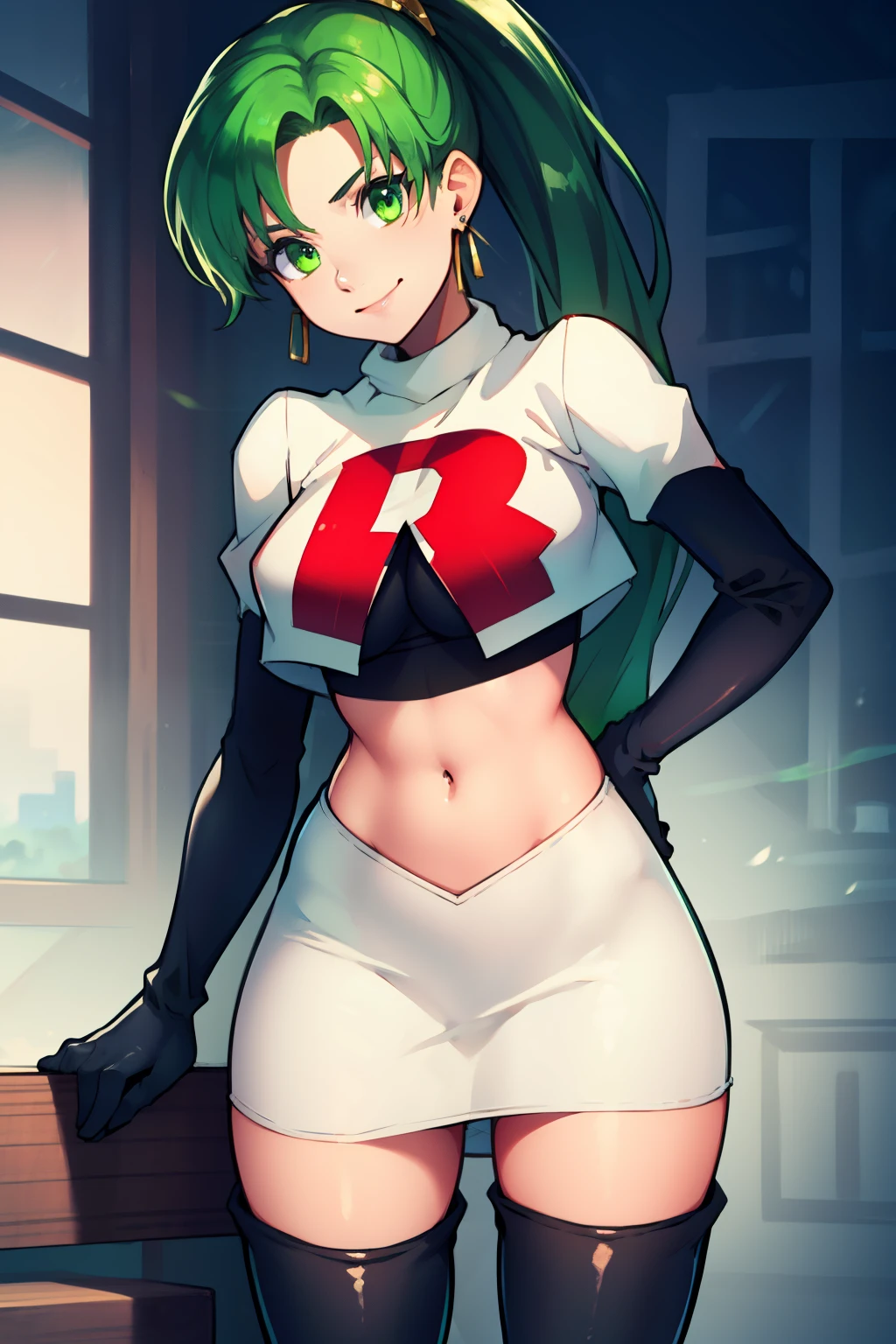 lyn, ponytail, green eyes, green hair, earrings ,team rocket uniform, red letter R, white skirt,white crop top,black thigh-high boots, black elbow gloves, evil smile, looking at viewer, cowboy shot, 