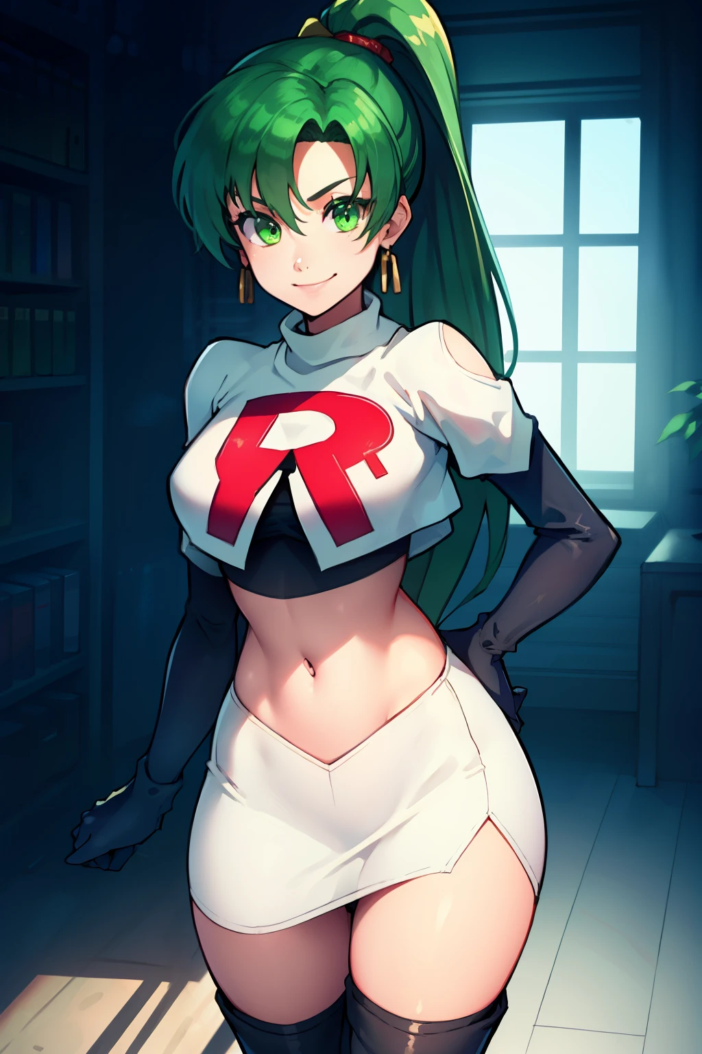 lyn, ponytail, green eyes, green hair, earrings ,team rocket uniform, red letter R, white skirt,white crop top,black thigh-high boots, black elbow gloves, evil smile, looking at viewer, cowboy shot, 