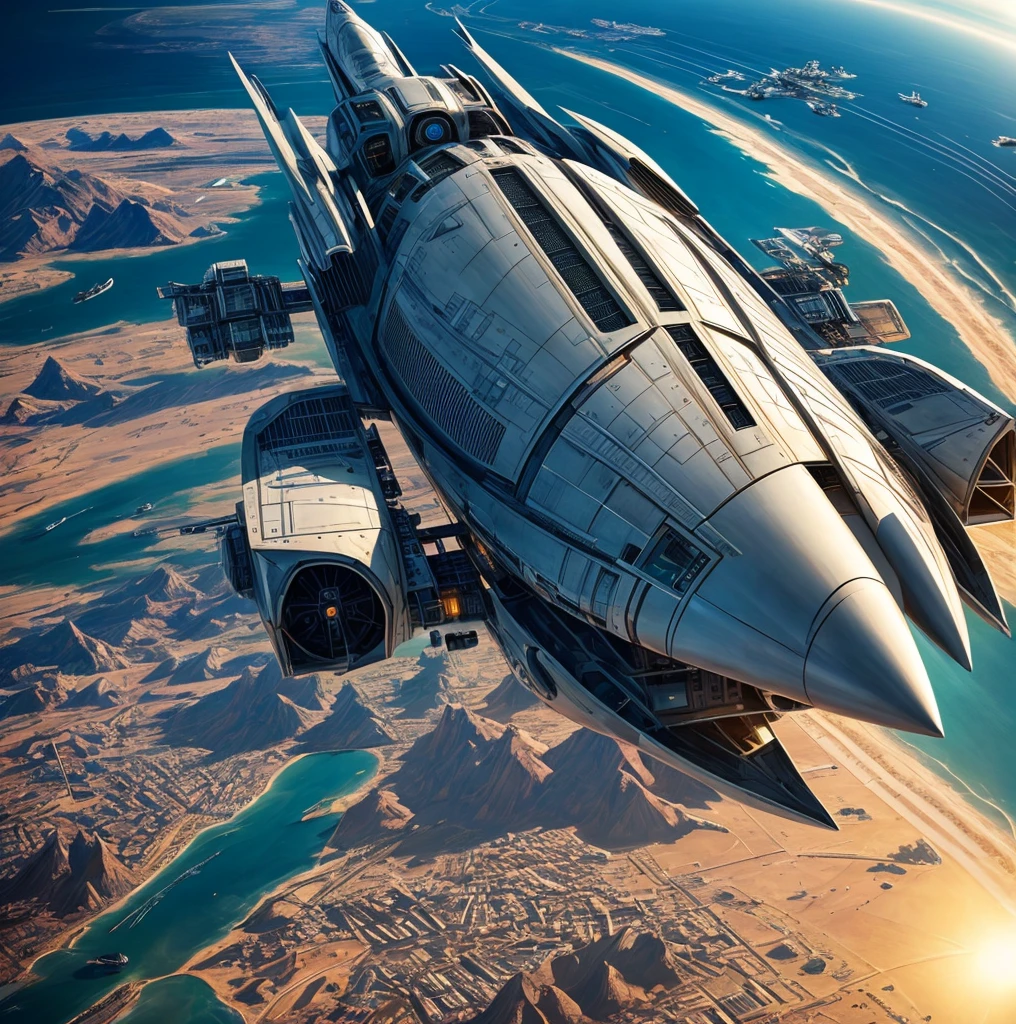 space ship，A future full of technology，complex symmetrical structure，Ultra-detailed graphics，shiny，（The spaceship has a strong metallic luster：1.3），Cockpit appearance，write up and close up，silver sound，streamline，space scene：1.3，（Earth background：1.3），Render by Octane，Super real photos，Surreasterpiece of science fiction，Cinematic quality，Super realism，A masterpiece of quality wallpaper，Official wallpaper.（screen life：1.3），Aerial View：1.3
