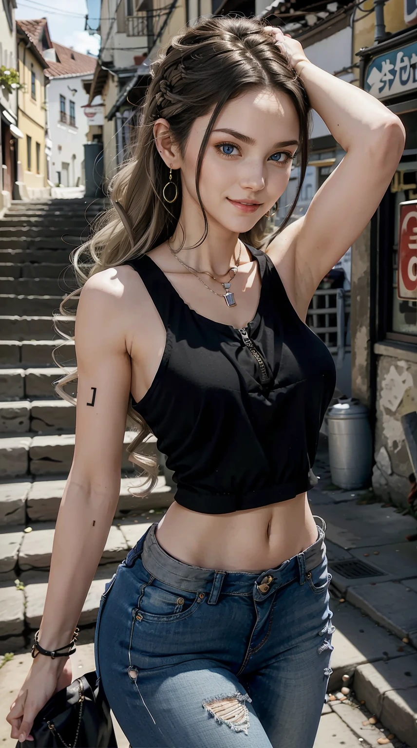 22 year old white female、Hair color is brunette、blue eyes、long hair、The ends of the hair are wavy、accessories on wrist、wearing a necklace、has earrings、skin is smooth、Slender but muscular body、smile、Wearing a sleeveless black high-neck zipper-up top、wearing skinny jeans、Climbing the long, narrow, steep stone steps of the old town、look back here、smile、I&#39;m wearing a waist pouch、She is combing her hair and showing the nape of her neck.