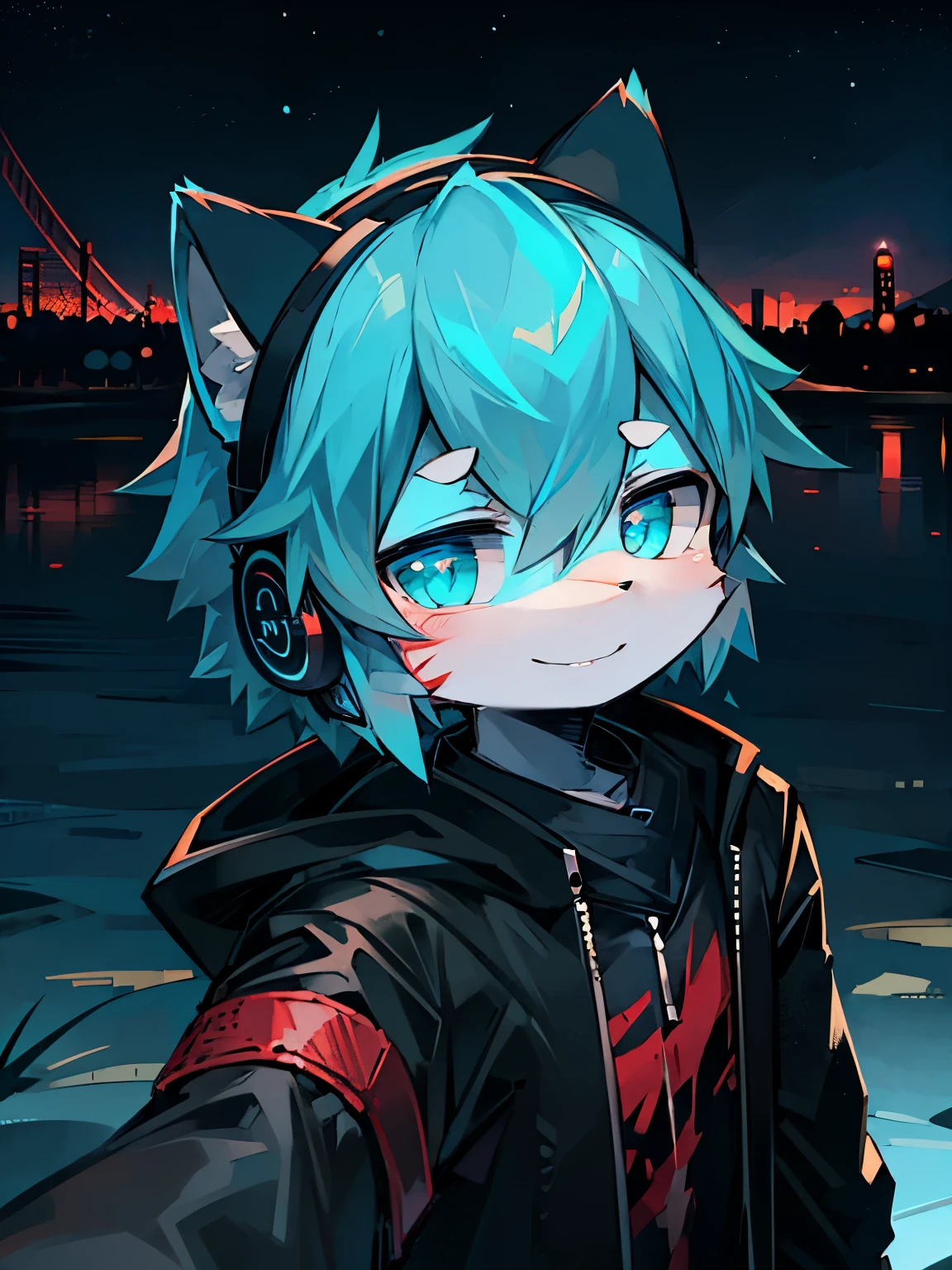 Solo, kemono, cyan hair, cyan eyes, wear black jacket, wear headphone, short height, evil smile, look at camera, grabbing the knife, blood on knife, in park, lake and city background, night time, high details