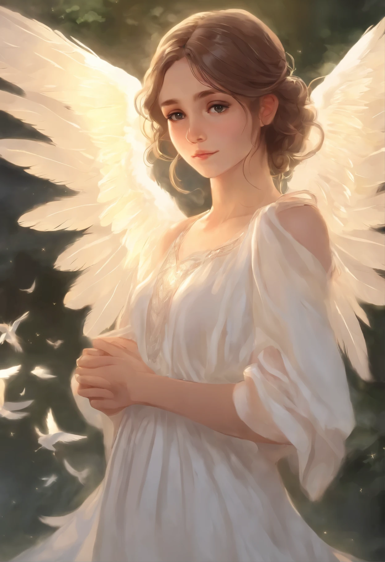 Anime style, Makoto Shinkai, portrait of class 8kk, portrait of an angelic caretaker, portrait of a young girl, portrait of a girl named Agatha, with a child in her arms, Painting of a woman with wings in a white dress holding a white dove in her hands., angelic light, angel of dawn bright, unearthly angelic creature of light, beautiful angel, angel-mentor, about a beautiful angel, an angel protecting a woman, angelic, portrait of a beautiful angel, angel, beautiful angel woman, shining angelic being, angelic, about a beautiful angel girl, a girl with angel wings