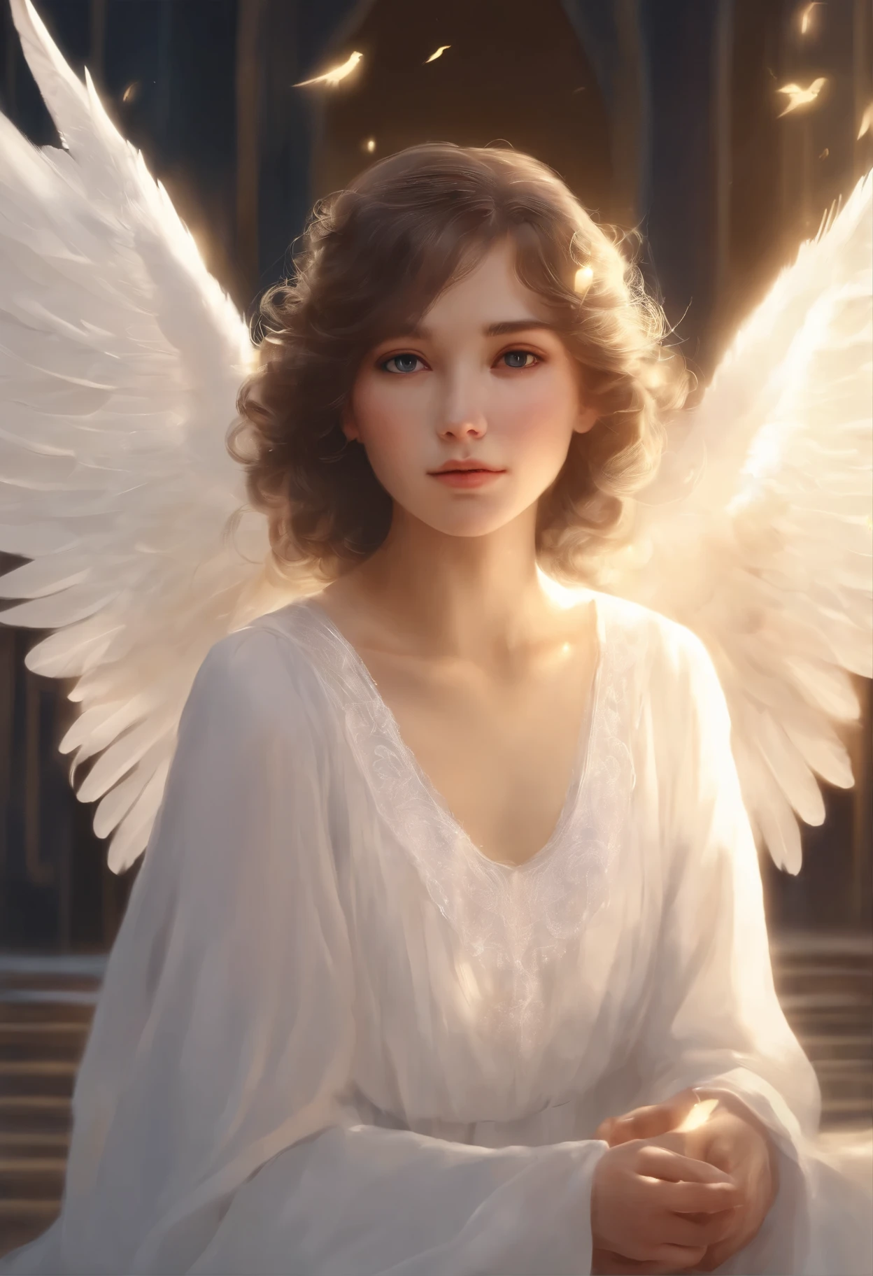 Anime style, Makoto Shinkai, portrait of class 8kk, portrait of an angelic caretaker, portrait of a young girl, portrait of a girl named Agatha, with a child in her arms, Painting of a woman with wings in a white dress holding a white dove in her hands., angelic light, angel of dawn bright, unearthly angelic creature of light, beautiful angel, angel-mentor, about a beautiful angel, an angel protecting a woman, angelic, portrait of a beautiful angel, angel, beautiful angel woman, shining angelic being, angelic, about a beautiful angel girl, a girl with angel wings
